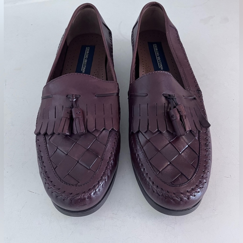 Giorgio Brutini Leather Brown Loafers Oxford with Woven Detail Tassel Size 9.5W